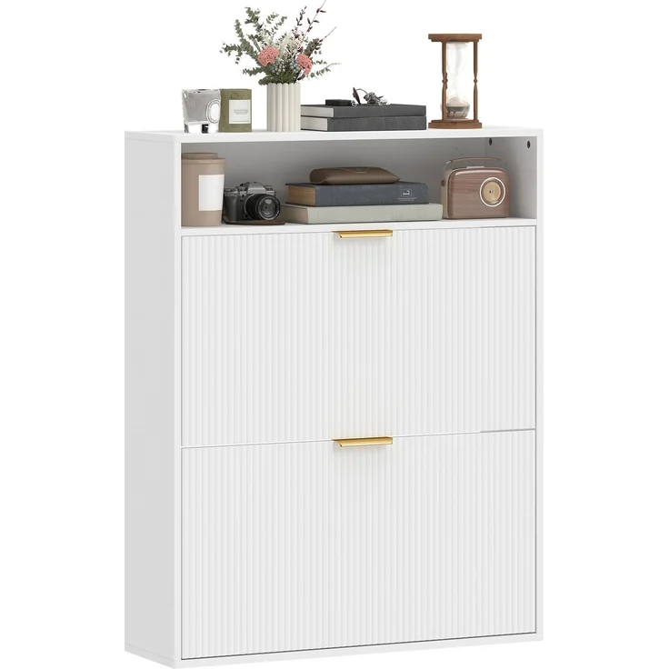 Schmaler Schuhschrank mit 2 Klappfächern und Ablagefläche für Flur und Eingangsbereich, Weiß--Weiß--102.5x24x80cm--YOUDENOVA – Bild 2