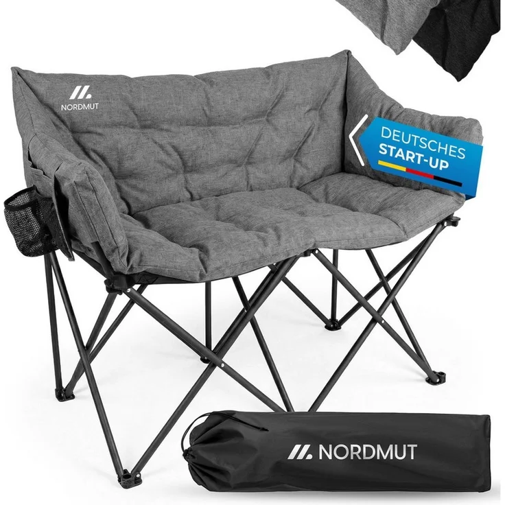 Nordmut Campingstuhl Campingsofa Klappbar 2 Personen 360 kg gepolstert mit Tragetasche (bis 360 kg belastbar mit Stahl Aluminium Rahmen), wetterfest klappbar mit Tragetasche & Seitentaschen – Bild 1