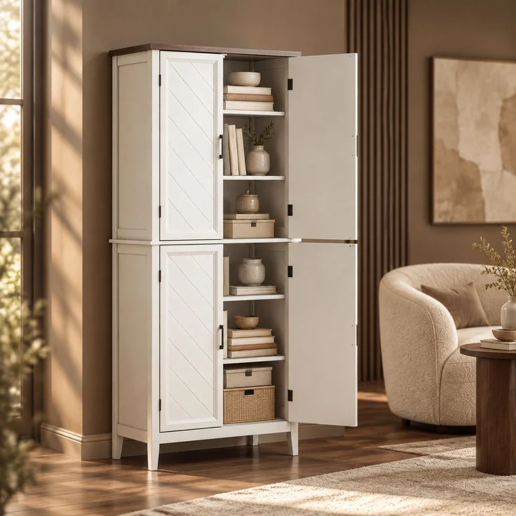 Küchenbuffet B 76 x T 40 x H 178,5 cm aus MDF in Weiß mit Holzoptik, 4 Türen – Bild 7