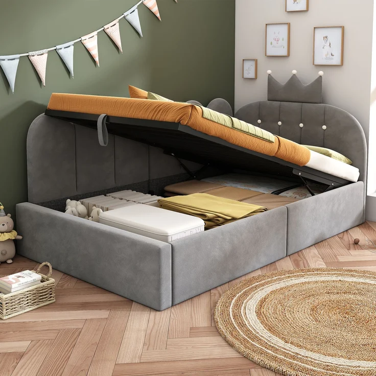 Merax Einzelbett 90x190 cm, Kinderbett, Polsterbett, Daybett, Tagesbett-Schlafsofa mit Stauraum (hydraulisch), Gästebett L-Form Samt, Grau – Bild 3