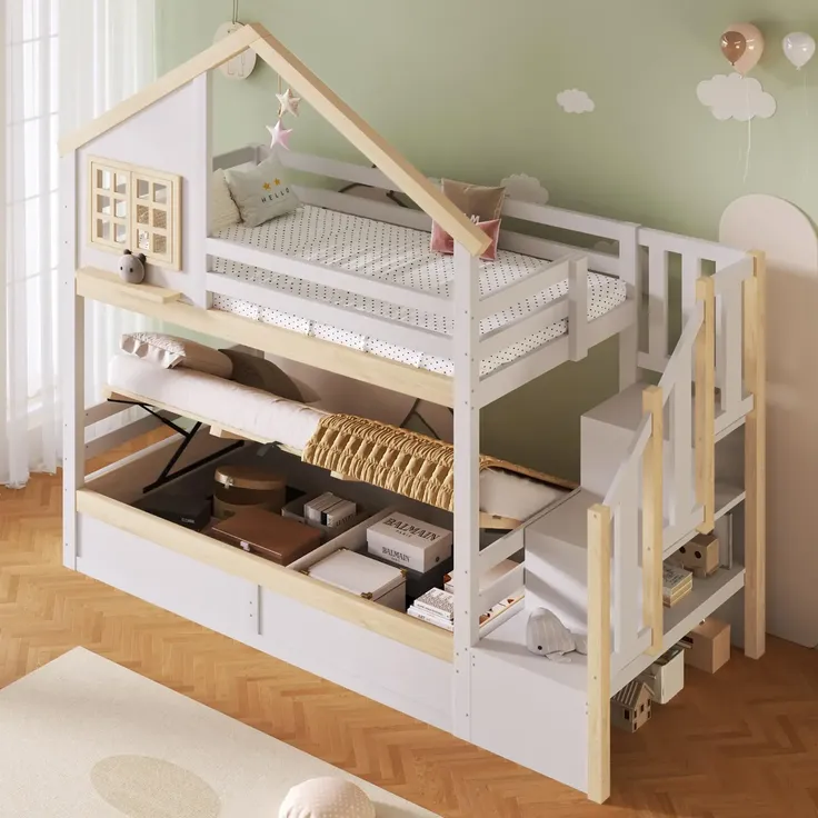Etagenbett mit 2 Liegeflächen, Rausfallschutz, Stauraum und Lattenrosten, Treppe mit Regal, 90x200 cm/90x200 cm, Kinderbett, Stauraumbett, Kiefer – Bild 2