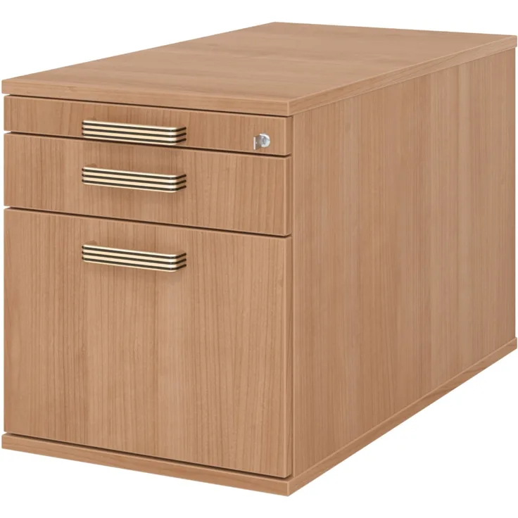bümö Rollcontainer mit Hängeregister für Hängeordner, Container abschließbar in Nussbaum - Rollwagen mit Hängeregistratur als Schreibtisch Unterschrank od. Bürocontainer m. Streifengriffe, TC20-N-N-SG
