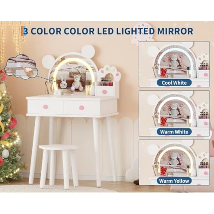 GarveeLife Schminktisch für Kinder, Mädchen, mit Spiegel & LED-Licht in 3 Farben mit 2 Schubladen, für Kinder von 3 – 8 Jahren, 55 x 38 x 101 cm – Bild 3