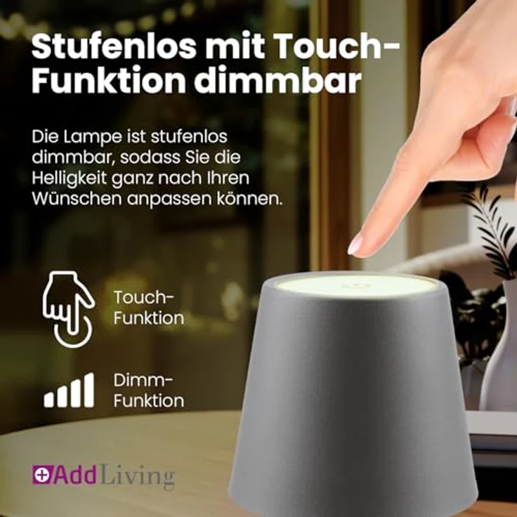AddLiving LED Akku-Tischleuchte grau, dimmbar mit 3 Lichtfarben und IP44 Schutz für den Innen- und Außenbereich – Bild 6