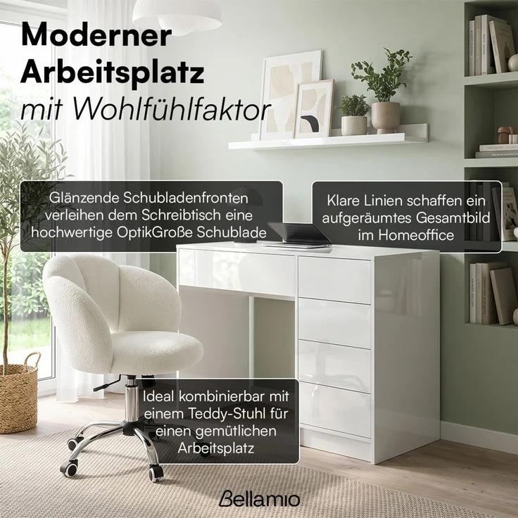 Bellamio 'Livny' Set aus Schreibtisch und Wolkenstuhl, mit 5 Schubladen, beidseitig montierbar, 80x53x110 cm, Computertisch mit Stauraum, Bürotisch mit Push-to-open, geeignet als Schminktisch, weiß hochglanz – Bild 6