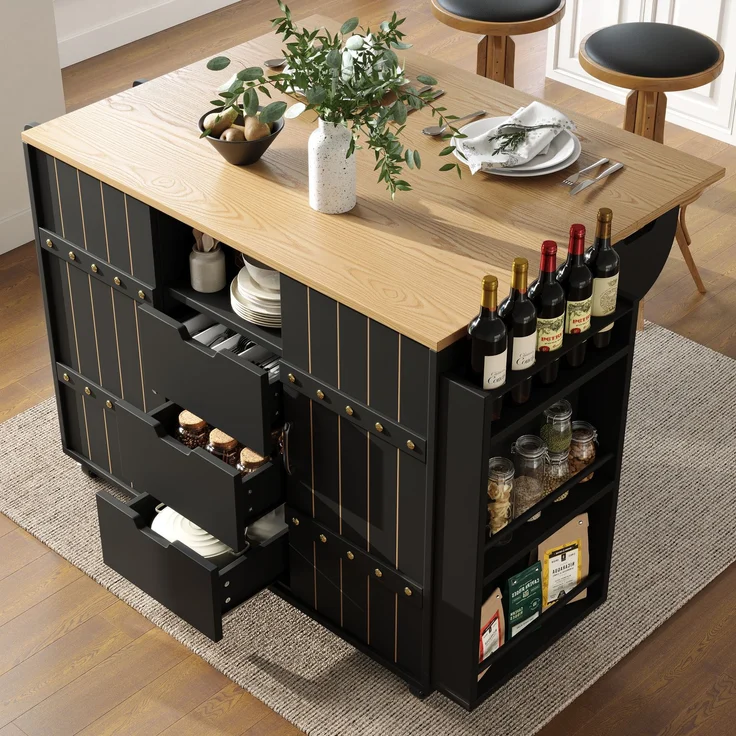 Kücheninsel 110 x 42 x 90 cm mit Schubladen, klappbarer Tischplatte & Schiebetüren – Multifunktionaler Küchenwagen – Bild 4