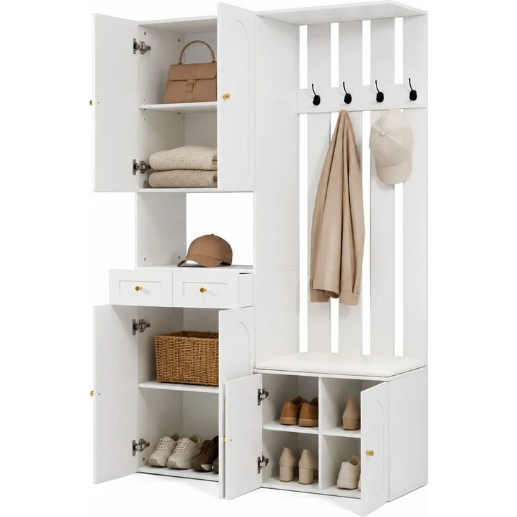 DESVIAE Garderobenschrank-Set mit Schuhbank, 110x180x37 cm, Spanplatte Weiß, 2 Schubladen und 4 Haken – Bild 7