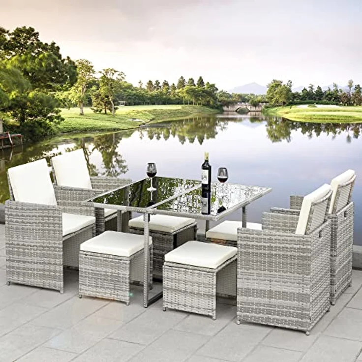 Ribelli Gartenmöbel Set 9-Teilig, Lounge Balkonmöbel aus Polyrattan, Wetterfest Sitzgruppe, Sitzgarnitur mit Sofa, Esstisch, Outdoor Kissen, Hocker, für Rasen, Terrasse, Garten, Grau/Cream – Bild 7