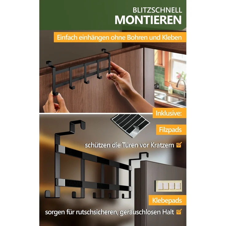 Lindenstein Türgarderobe für Falztüren innen, 5 Haken, Edelstahl, Schwarz – bis 15 kg – Bild 6