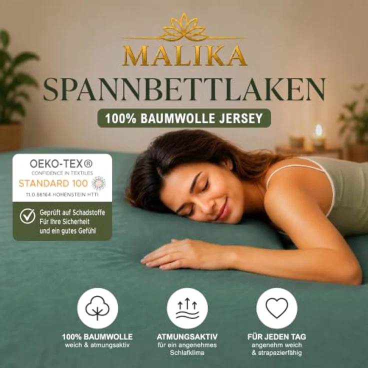 MALIKA® Spannbettlaken 120x200cm Baumwolle Jersey, perfekte Passform für Matratzen bis 28 cm, Oeko-Tex zertifiziert – Bild 2