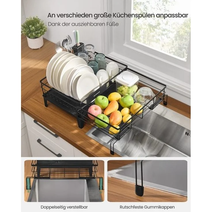 SONGMICS Abtropfgestell Geschirr, ausziehbarer Geschirr-Abtropfständer, wasserabsorbierende Silikonmatte, 360° drehbarer und ausziehbarer Ablauf, (31-56) x 42 x 20 cm, tintenschwarz – Bild 4