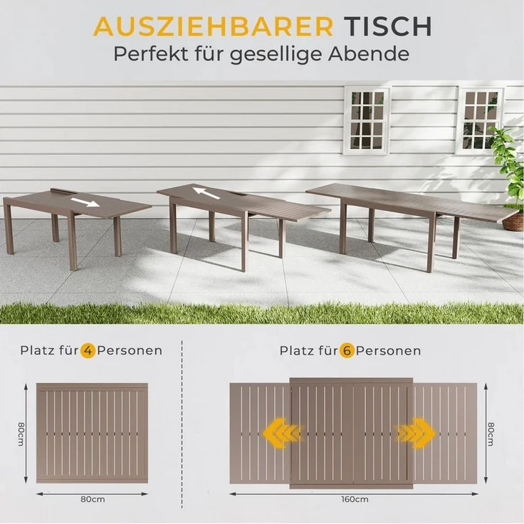 HOMALL Gartentisch Balkontisch, Aluminium Ausziehtisch für 6-10 Personen, bis 120kg (Ausziehbarer Tisch aus Aluminium, erhältlich in den Größen 80/160 cm und 130/260 cm), Wasserfestes, rostfreies und wetterbeständiges Aluminiumtisch – Bild 3