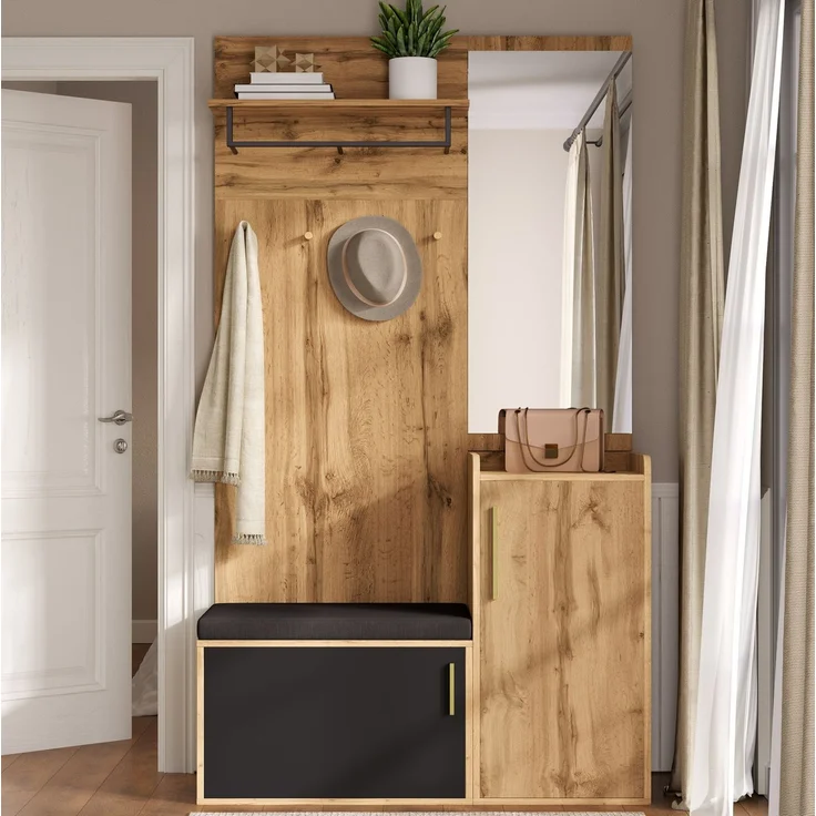 DESVIAE Garderobenschrank mit Spiegel, Sitzbank und Schuhschrank 100x185x38 cm Spanplatte Natur/Schwarz – Bild 2