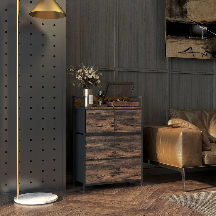 Kommode, Sideboard, 4 Stoffschubladen, Industrial Design, 60x29x85cm, Braun/Schwarz--Rustikal-Braun--60x29x85cm--YOUDENOVA – Bild 3