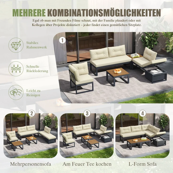 LVHOM Modulares 5-tlg. Gartenmöbel-Set, Gartensofa in L-Form mit verstellbarer Rückenlehne und Stauraum, Wetterfeste Sitzgruppe für Terrasse, Beige – Bild 3