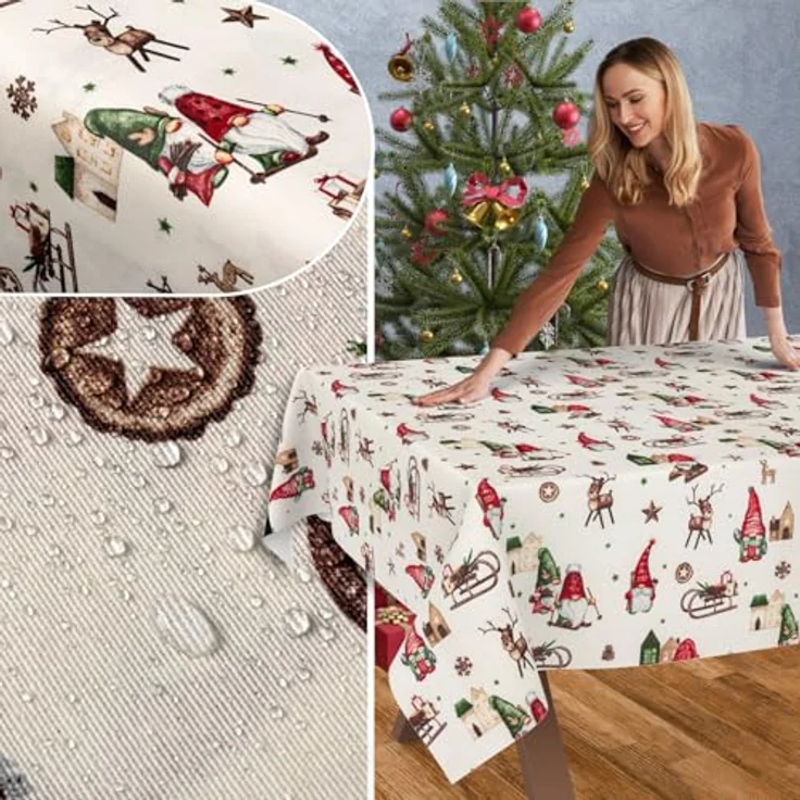 ANRO Tischdecke Weihnachten abwaschbare Weihnachtstischdecke (Einzelstück 1-tlg), Schmutzabweisend Weihnachten Rot-Grün 100x140cm – Bild 6