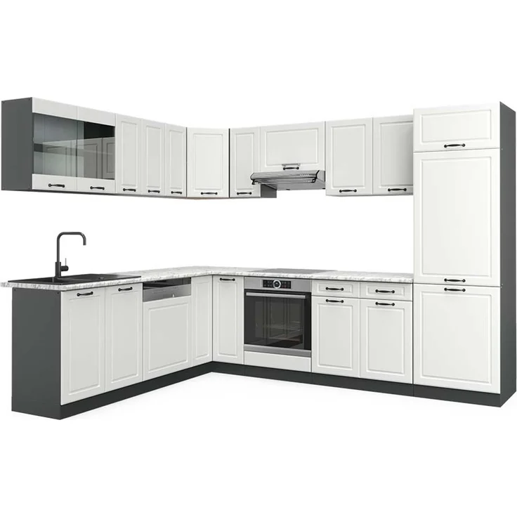 Eckküche R-Line Weiß Landhaus/Anthrazit 287 x 227 cm, AP Marmor Vicco – Bild 1