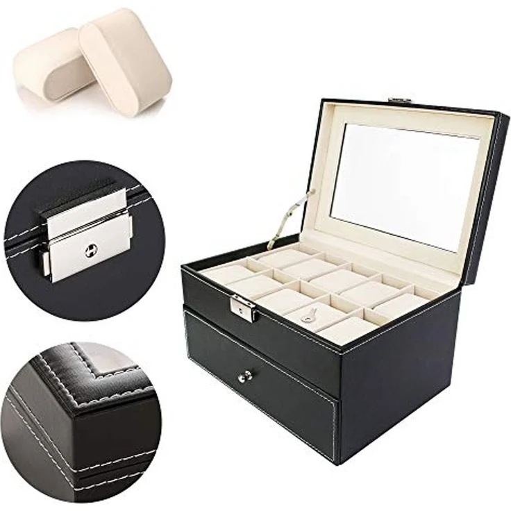 Todeco - Uhrbox, Uhr und Armband Aufbewahrung - Material der Box: MDF - Kissenmaterial: Samt - 20 Uhren mit Schublade und Display, Schwarz/Beige – Bild 5