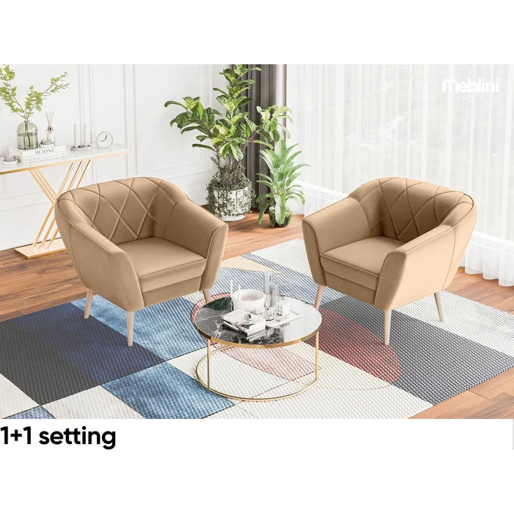 MEBLINI Sofa-Set GISELA 2+1+1 - Beige Samt - für Wohnzimmer - Mini Lounge für vier Personen - Küchensofa - Sofa Klein - Sitzgarnitur - Polstergarnitur - Sofagarnituren – Bild 5