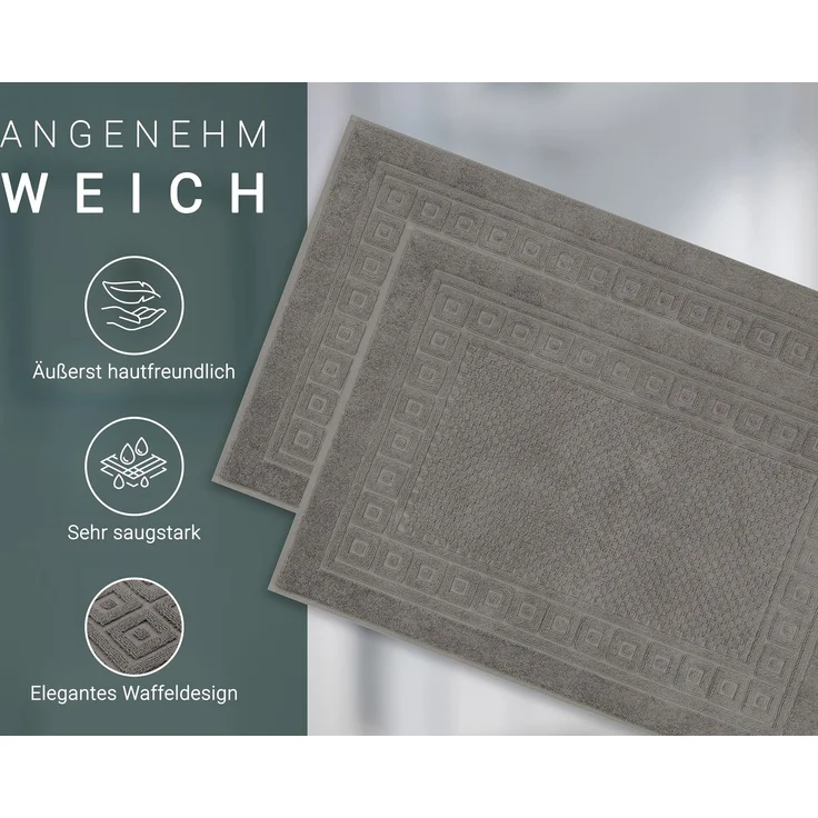 ZOLLNER 2er Set Badematte Badvorleger mit Waffelmuster, 100% Baumwolle, 50x70 cm, grau – Bild 3