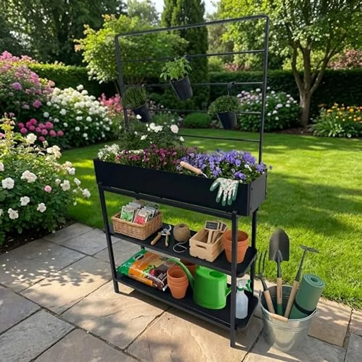 dobar® Metall-Hochbeet mit Rankgitter und 3 Hängetöpfen – Pflanzregal aus pulverbeschichtetem Stahl mit 2 Ablagen – Pflanzkasten für Balkon, Terrasse und Garten – 94 x 30 x 155 cm - Anthrazit – Bild 4