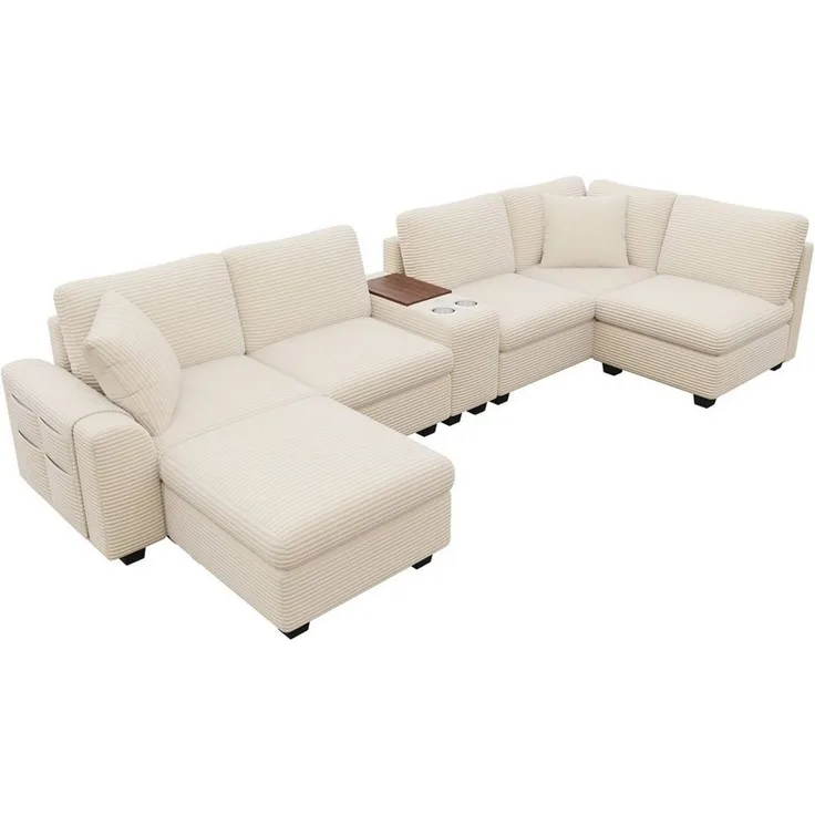 Merax Ecksofa mit USB & Type-C, L-/U-Form Sofa aus Cordstoff, Modulares Ecksofa 311 x 139 x 85 cm 1 Teile, 6-Sitzer-Sofa mit Ottomane, Mittelkonsole, Getränkehalter & Stauraum