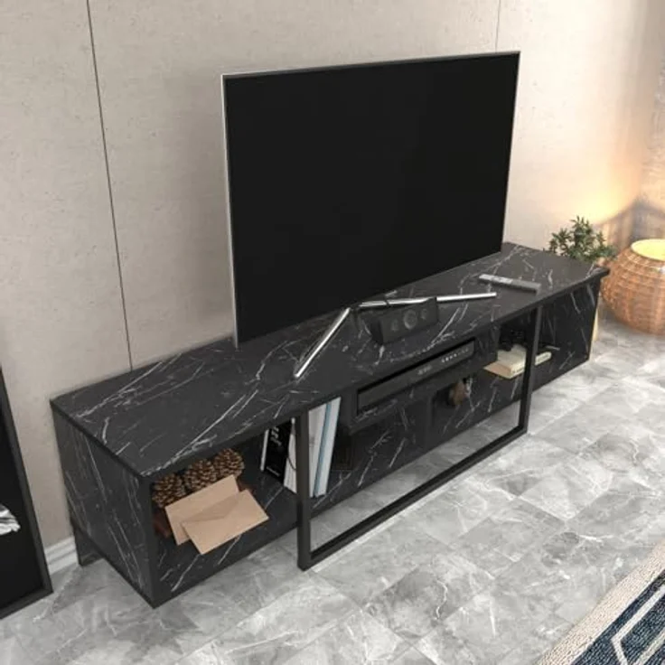 Hanah Home Stylish Black TV Stand, 150 cm Wide, 35.2 cm Deep, 40 cm High | 100% Melamine Coated Particle Board, 18 mm Thick | Perfect for Modern Living Rooms – Bild 3