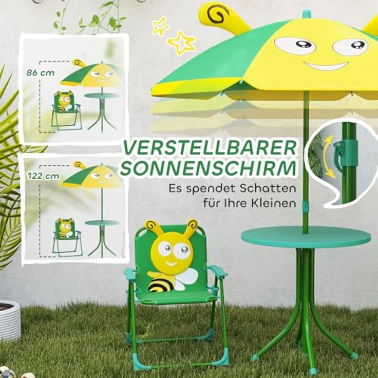AIYAPLAY Garten-Kindersitzgruppe mit höhenverstellbarem Sonnenschirm, (Gartentisch, 2 Klappstühle, 4-tlg, Garten Kindersitzgarnitur), Bienen-Muster für 2-5 Jahre Kinder, Grün – Bild 5