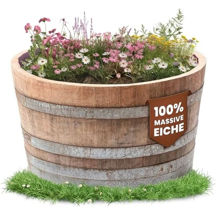 Temesso Pflanzkübel D 70cm - Halbiertes Weinfass als Miniteich - D70cm H40 100L Inhalt – Bild 2