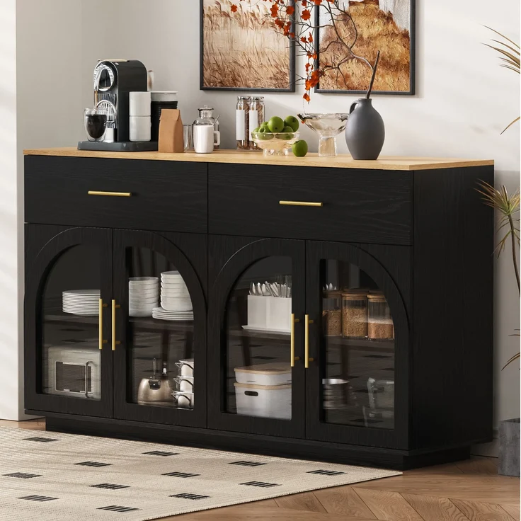 Küchensideboard 147 x 40 x 86 cm mit LED-Beleuchtung, 2 Schubladen und 4 Türen – Schwarz und Natur – Bild 3