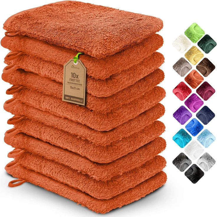 NatureMark 10x Waschhandschuhe aus Frottee 100% Baumwolle – Weich und Robust, Ideal für die tägliche Pflege und Gäste – Terrakotta, 15x21 cm