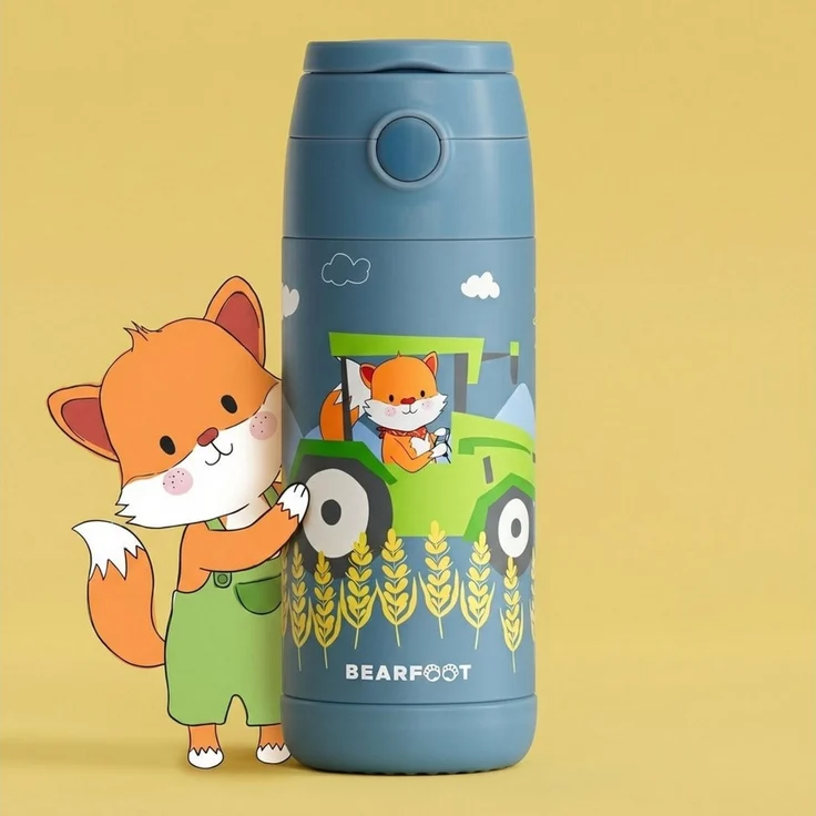 BEARFOOT Trinkflasche Thermo Kinder Trinkflasche Edelstahl - Traktor Fuchs blau, Thermosflasche, auslaufsicher, Edelstahl, Kinderflasche, BPA-frei – Bild 2