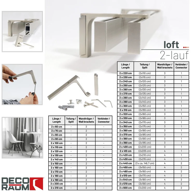 Deco-Raum® Gardinenschiene Innenlauf Loft | Größe: 80cm | Material: Aluminium | Farbe: Edelstahl-optik – Bild 4