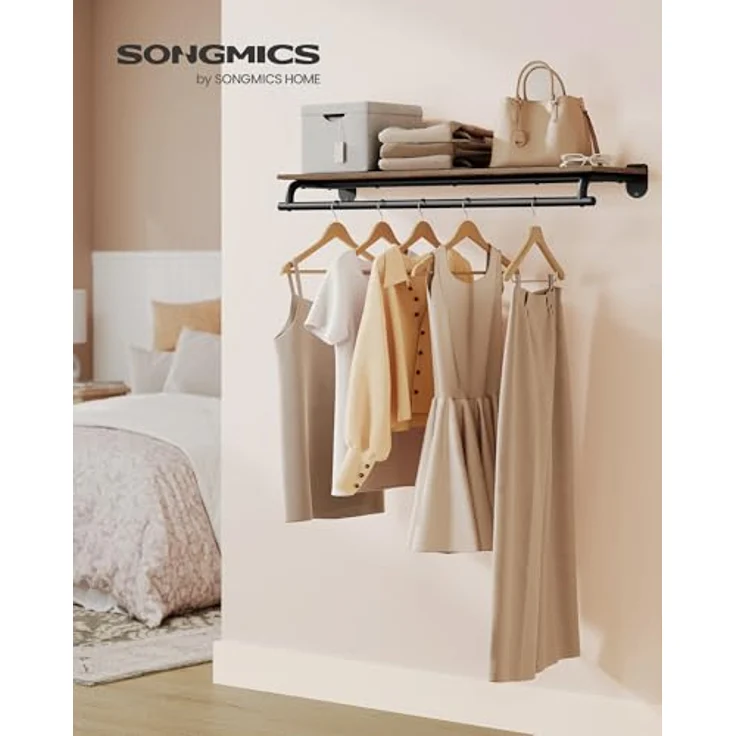 SONGMICS Wandgarderobe, Garderobe, Wandregal mit Kleiderstange, Gesamtbelastbarkeit 60 kg, 28 x 109 x 13,2 cm, für Schlafzimmer, Ankleidezimmer, vintagebraun-tintenschwarz HSRDE135B01 – Bild 3