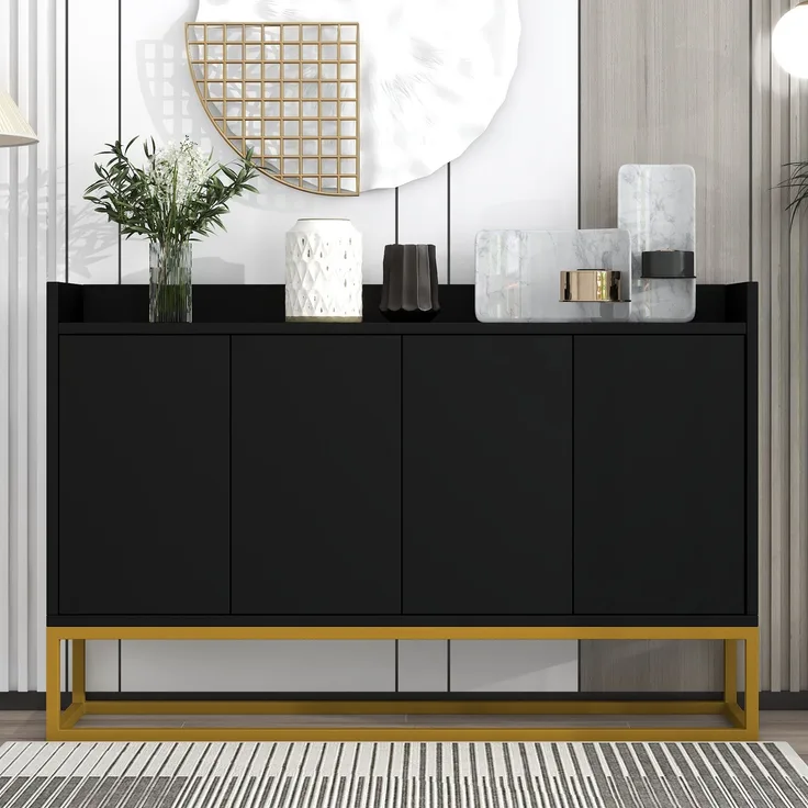 Sideboard, 120x30x80 cm, schwarzes Sideboard im minimalistischen Stil, 4-türig, grifflos