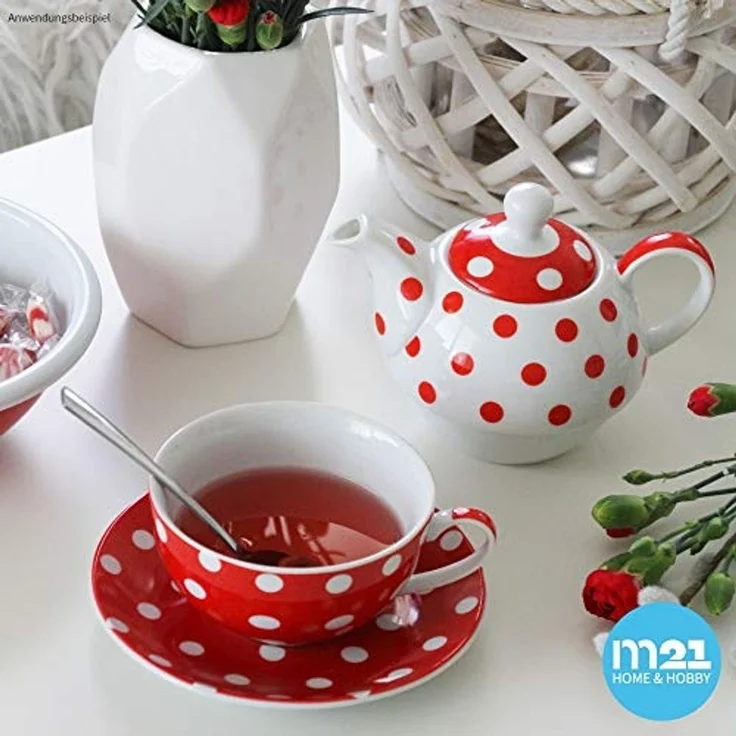matches21 HOME & HOBBY Teekanne Süße Teekanne Teetasse mit Untertasse Set rot gepunktet, 0.4 l, (1-St), Tee Kaffee-Becher, klassisch, Geschenk-Set, 600ml – Bild 4