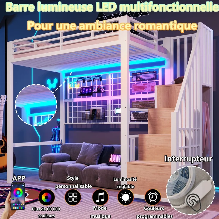 EINHOM Hochbett, 90 x 200 cm, Eisenrahmen, Kleiderschrank, Stauraumleiter, Gitter zum Aufhängen von Gegenständen, Freifläche unter dem Bett, 7-farbige LED-Leuchten, Weiß (Ohne Matratze) – Bild 4