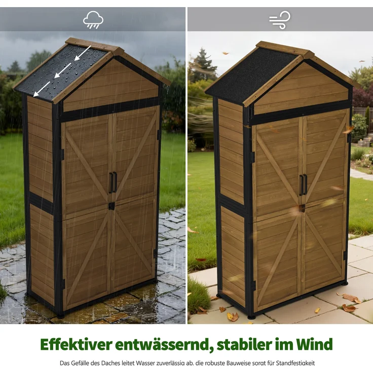 M MCombo Gartenschrank Gartenhaus Holz Metgallgestell Wetterfest, Gerätehaus Outdoor, für Außenbereich Garten Terrasse, Geräteschuppen mit 2 Bewegliche Regale, 2736 (Natur) – Bild 4