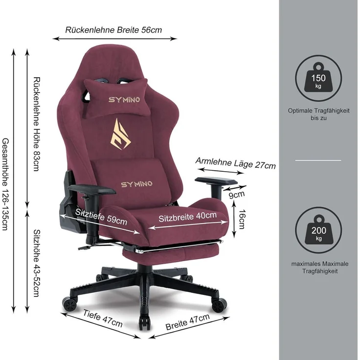 Gaming Stuhl Hochwertiger Stoff Atmungsaktiv Verstellbar Fußstütze Schwarz Rot – Bild 2