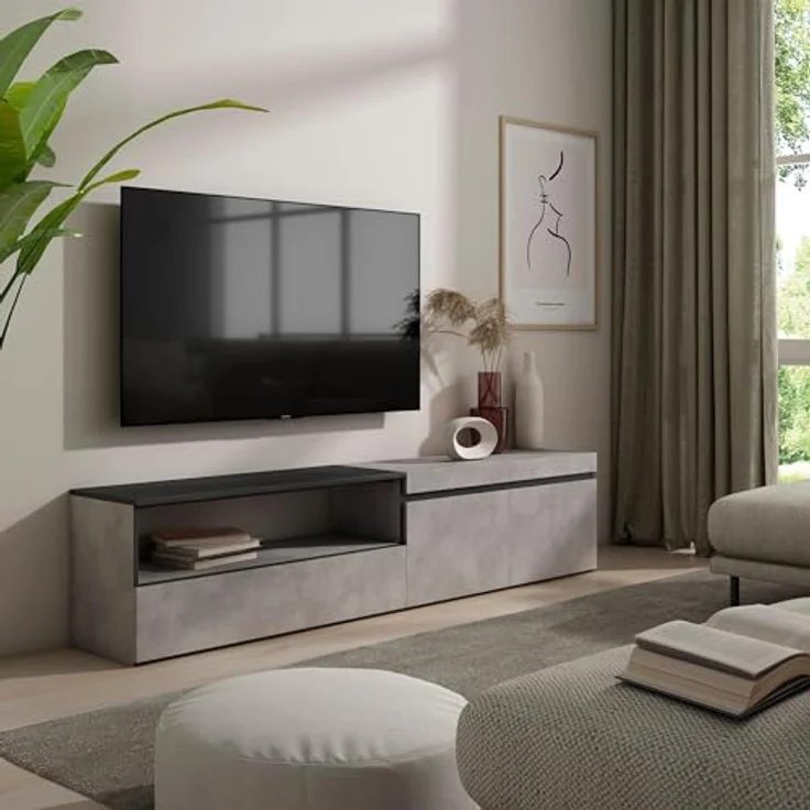 Skraut Home | TV-Schrank, Lowboard | für Wohnzimmer und Esszimmer | 200x45x35cm | Für TV-Geräte bis zu 80" | Fernsehtisch | Moderner Stil | Zement – Bild 2