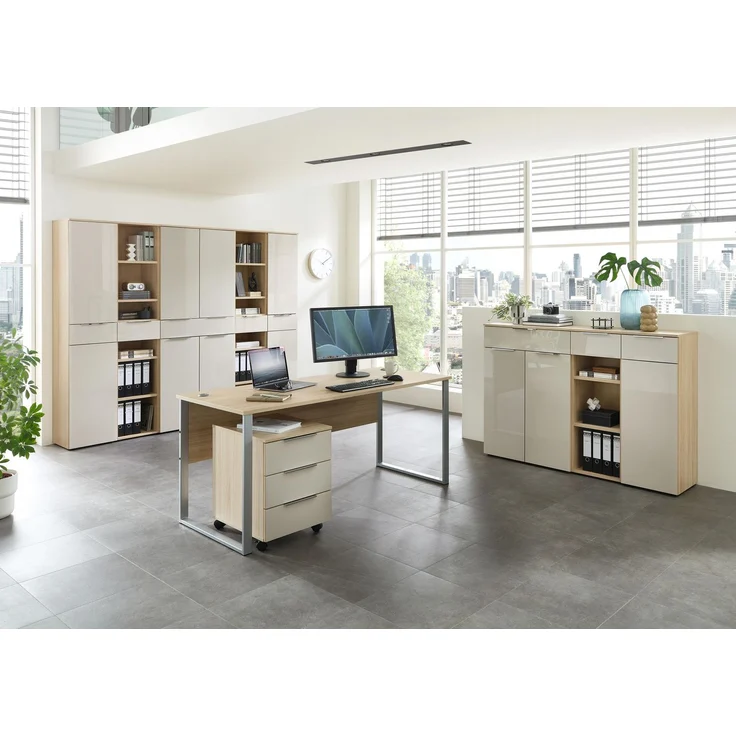 Komplettbüro SANTORIN III Riva Eiche & Glas Cashmere 10-teilig – Bild 1