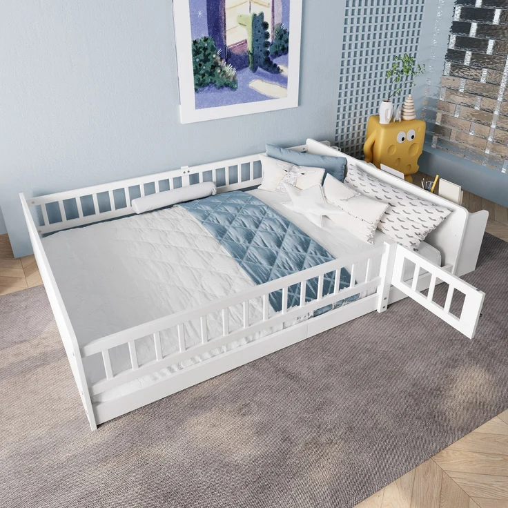 Kinderbett mit Lattenrost und Zaun (140x200 cm) Rausfallschutz, Stauraum, Einzelbett, Holzbett, Kiefer – Bild 2