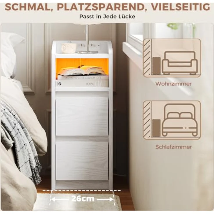 IRONCK Nachttisch Schmal (2, Weiß) | Bedside Table mit Offenem Fach für Schmale Räume Schlafzimmer, Wohnzimmer, 2 Schubladen,2 AC-Steckdosen,USB+Typ-C Anschlusse – Bild 10