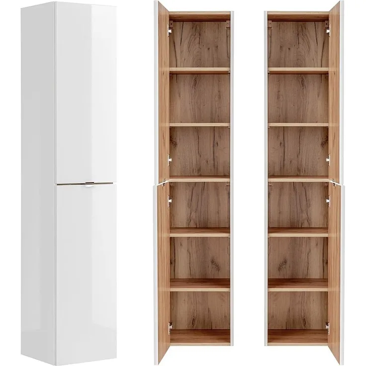 Badezimmer Hochschrank TOSKANA-56 in Weiß-Hochglanz B/H/T ca. 35/170/33cm