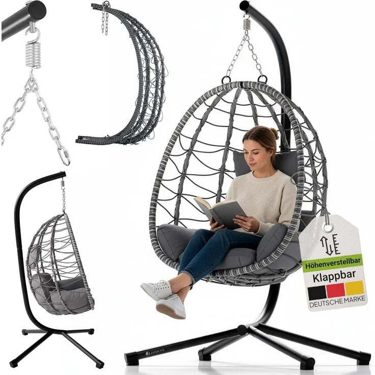 Juskys 'Aria' Hängesessel mit Kissen, höhenverstellbar & faltbar, Polyrattan dunkelgrau, bis 130 kg belastbar