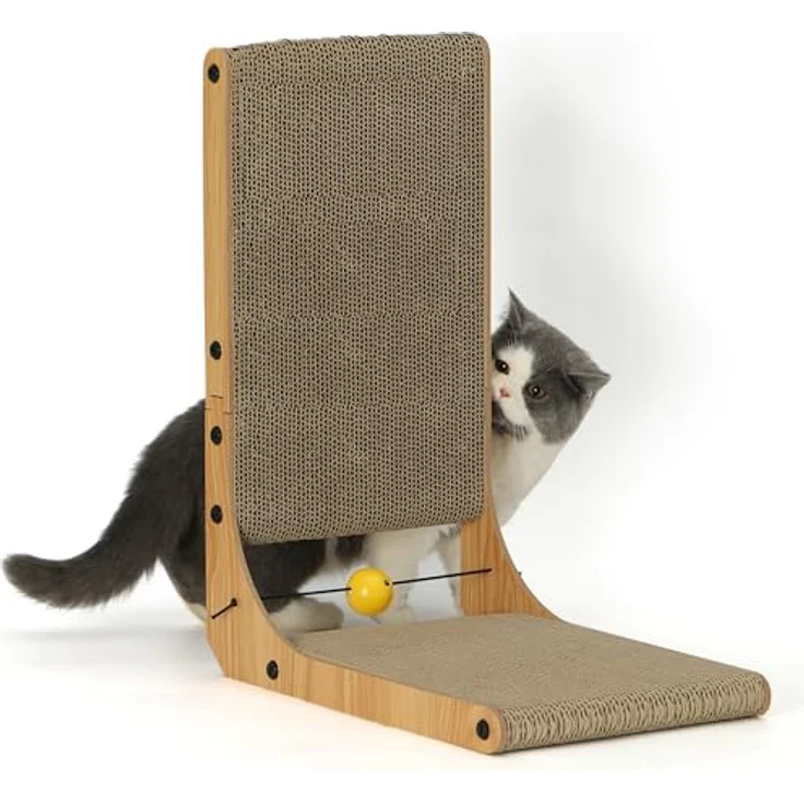 FUKUMARU Kratzbrett Katzen, 48 cm hohe L förmige Kratzpappe, widerstandsfähig Katzenkratzbrett mit Ballspielzeug, Katzen Kratzmöbel aus hochwertiger Karton für Wand und Ecke, Mittlere Größe – Bild 10