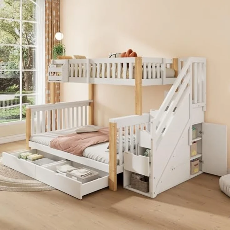 Odikalo Kinderbett Etagenbett Doppelbett Ablagekorb Schublade Treppenschrank 90/140*200cm (Kinder-Etagenbett, Doppelbett, multifunktionales Kinderbett mit Ablagekorb, mit Schublade, mit Treppenschrank, mit Ablageschrank, ohne Matratze, weiß + naturfarben) – Bild 2