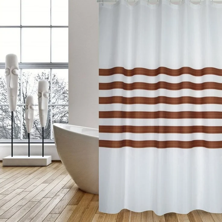 MSV Duschvorhang Cotexsa RAYAS Breite 180 cm, Textil-Duschvorhang, Made in Spain, 100% Polyester, wasserundurchlässig, Anti-Schimmel-Effekt, Anti-Bakteriell beschichtet, waschbar 30°, 180 x 200 cm, Farbe weiß / braun – Bild 1