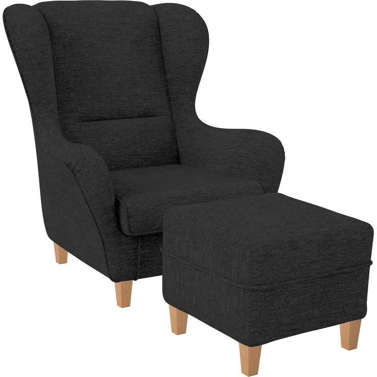 Supellex Sofia Ohrensessel mit Hocker | Design Webstoff Grau