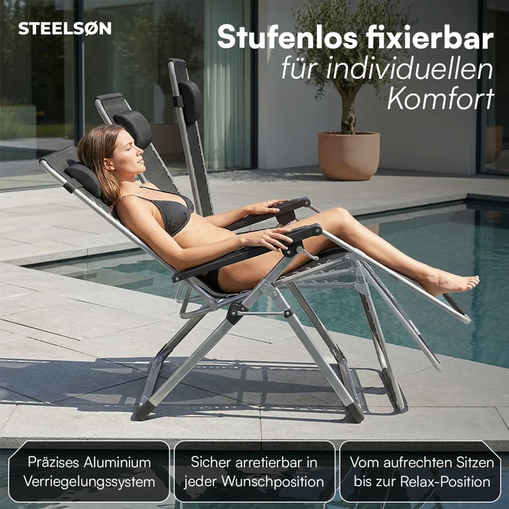 STEELSØN 'Lysira' Liegestuhl, klappbar & wetterfest, grau/silber, Sonnenliege mit extra dicker Polsterauflage, verstellbarer Gartenstuhl, bis 200 kg belastbar, 2er Set – Bild 5